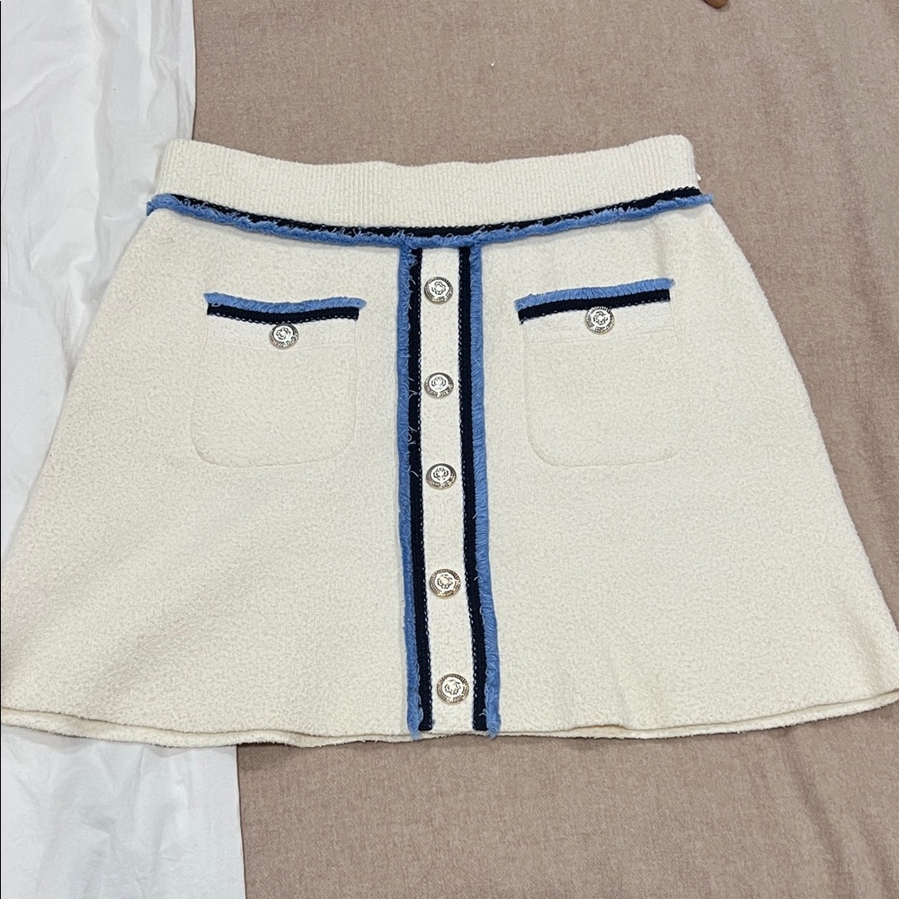 Maje Cream Mini Skirt with Blue Trim